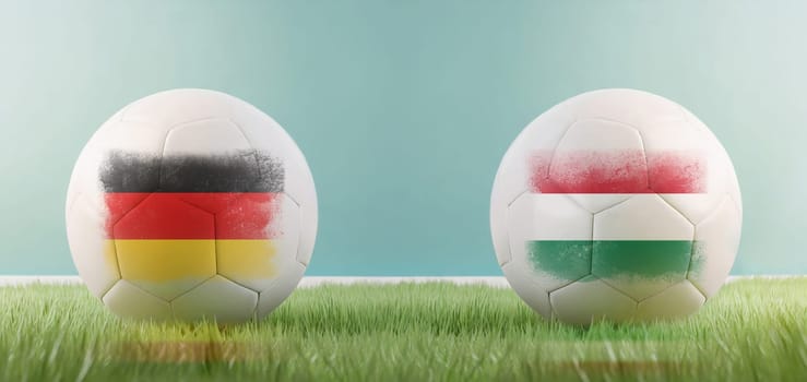 Germany vs Hungary football match infographic template for Euro 2024 matchday scoreline announcement. Two soccer balls with country flags placed against each other on the green grass with copy space