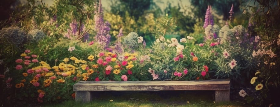 wooden bench in garden with background full of spring flowers