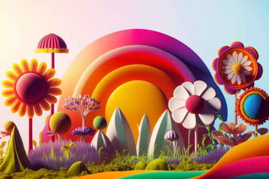 sicodelic spring illustration of garden background, generative ai