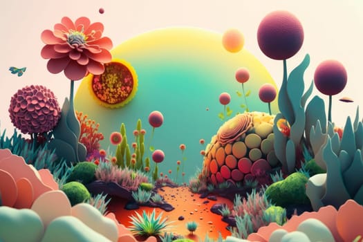 sicodelic spring illustration of garden background, generative ai