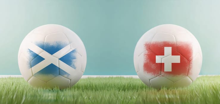 Scotland vs Switzerland football match infographic template for Euro 2024 matchday scoreline announcement. Two soccer balls with country flags placed against each other on the green grass with copy space
