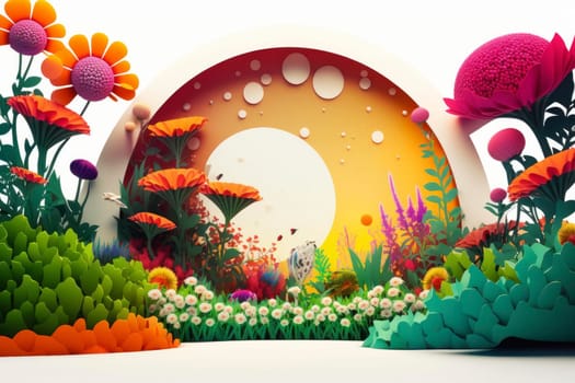 sicodelic spring illustration of garden background, generative ai