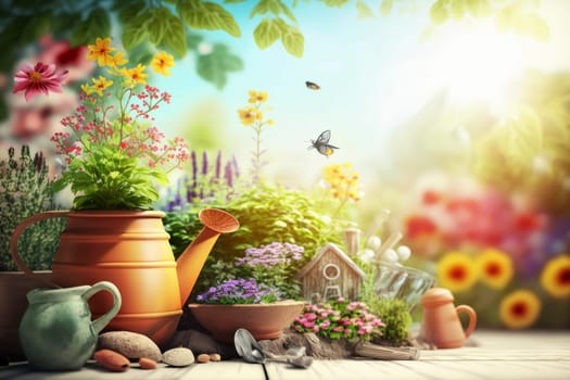 illustration of spring landscape with gardening tools, ai generative