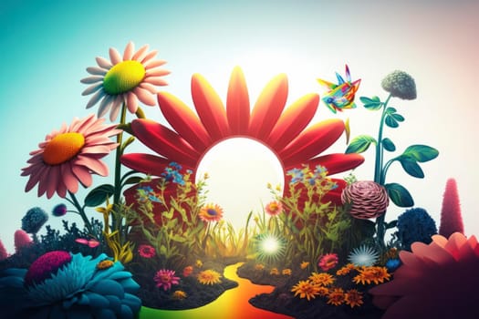 sicodelic spring illustration of garden background, generative ai