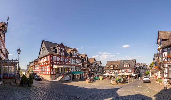 Braunfels, Germany - July 18, 2018: view to market square of Braunfels with historic old timbered houses.