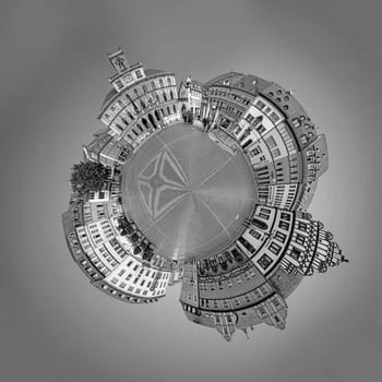 Weimar, Germany - July 28, 2018: panoramic view of old market place in Weimar in tiny planet format with famous city hall.