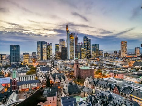 Frankfurt, Germany - November 11, 2018: view to skyline of Frankfurt in sunset, Germany