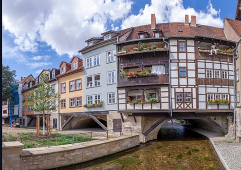 Erfurt, Germany - July 29, 2018: facade at Merchants Bridge in Erfurt, Thuringia, Germany, Europe.