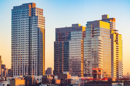 New York, USA - November 7, 2018: view to Skyline of New York in golden sunset light, USA.