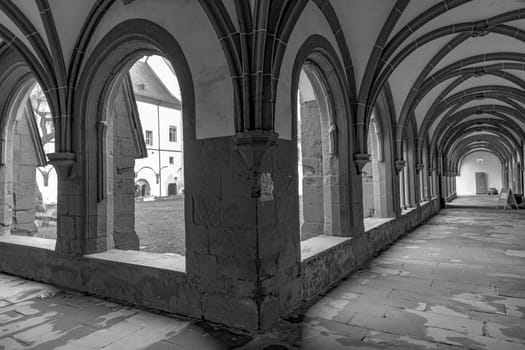 Eltville, Germany - December 29, 2018: sandstone archs at the inner garden at cloister of Eberbach, Germany