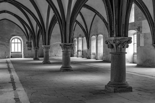 Eltville, Germany - December 29, 2018: sandstone archs at the inner garden at cloister of Eberbach, Germany