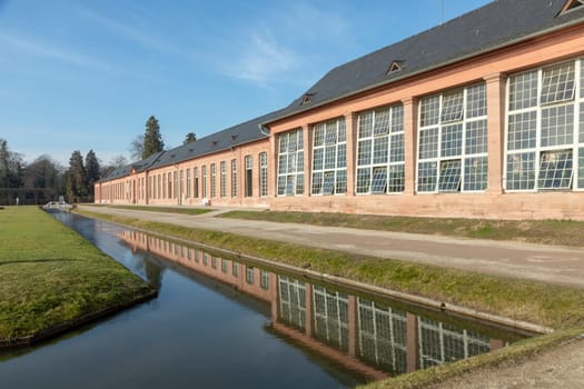 Schwetzingen, Germany - FEB 6, 2019: famous palace in Schwetzingen Palace gardens. It is the largest palace garden in Germany.