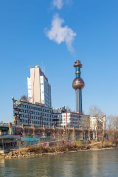 Vienna, Austria - February 15, 2019: Spittelau waste incineration plant of the city Vienna (in German Fernwarme Wien) designed by Hundertwasser.