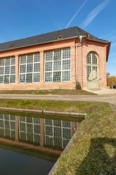 Schwetzingen, Germany - FEB 6, 2019: famous palace in Schwetzingen Palace gardens. It is the largest palace garden in Germany.