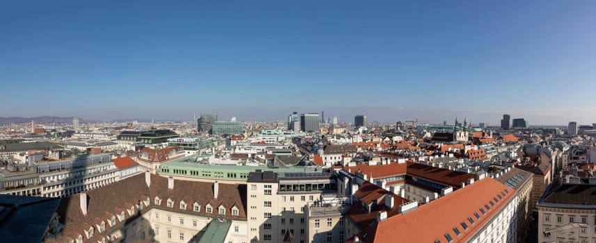 Vienna, Austria - February 15, 2019: view from observation platform of St. Stephen's cathedral  to skyline of Vienna, Austria.