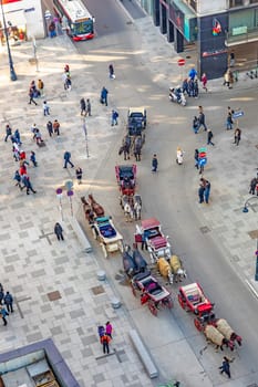 Vienna, Austria - February 15, 2019: fiaker at stephans place in Vienna wait for tourists to have a ride in the old town of Vienna. Fiaker licences is strictly limited in Vienna.