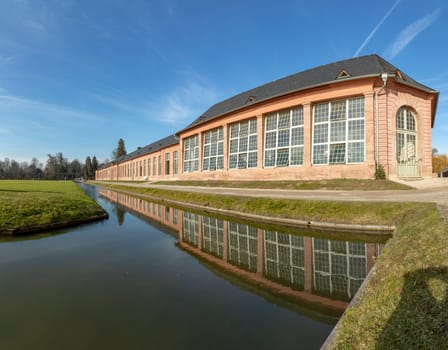 Schwetzingen, Germany - FEB 6, 2019: famous palace in Schwetzingen Palace gardens. It is the largest palace garden in Germany.