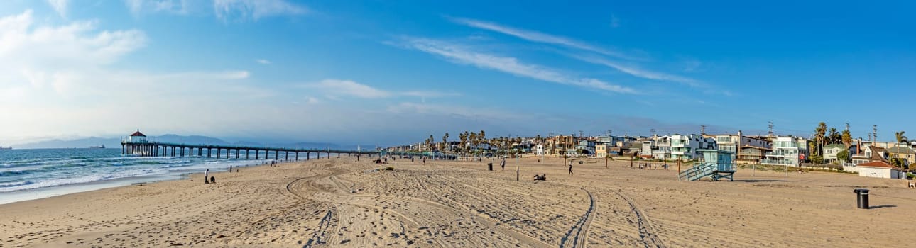 Manhattan Beach, USA - March 4, 2019:  scenic beach houses at the promenade of Manhattan beach with famous historic pier, USA near Los Angeles.