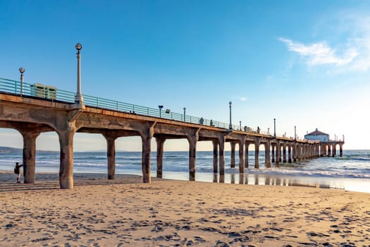 Manhattan Beach, USA - March 4, 2019: scenic pier at Manhattan Beach near Los Angeles in sunset mood