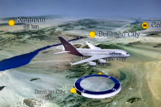 Boulder City, USA - March 4, 2019: flightmap of the inflight entertainment of an A380 aircraft with radar points.