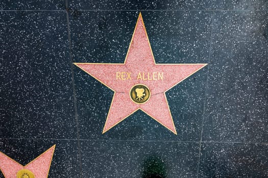 Los Angeles, USA - March 5, 2019: closeup of Star on the Hollywood Walk of Fame for Rex Allen.