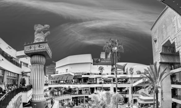 LOS ANGELES, USA - MAR 5, 2019: Hollywood and Highland Complex with shops and restaurants and famous elephants.