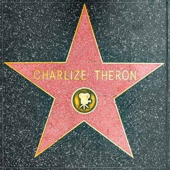 Los Angeles, USA - March 5, 2019: closeup of Star on the Hollywood Walk of Fame for Charlize Theron.