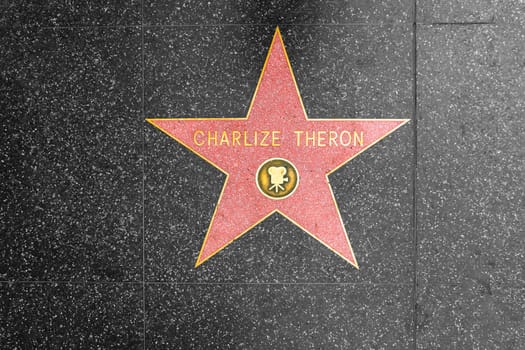 Los Angeles, USA - March 5, 2019: closeup of Star on the Hollywood Walk of Fame for Charlize Theron.