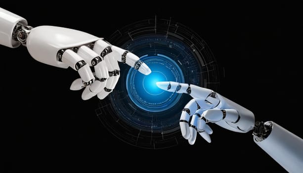 AI, Machine learning, Hands of robot and human touching on big data network connection background, Science and artificial intelligence technology, innovation and futuristic.