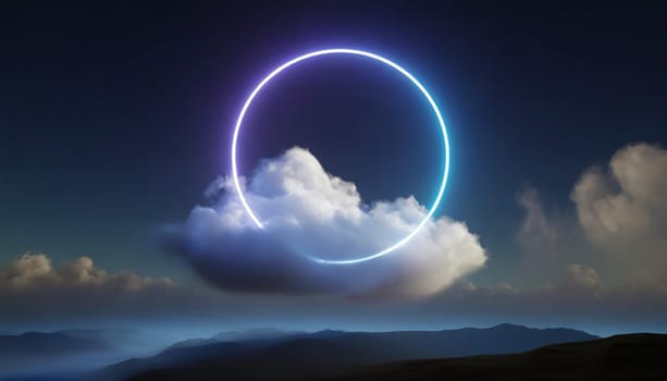 3d render, abstract cloud illuminated with neon light ring on dark night sky. Glowing geometric shape, round frame