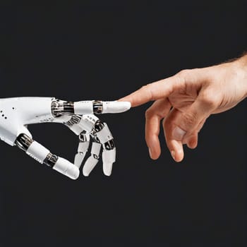 AI, Machine learning, Hands of robot and human touching on big data network connection background, Science and artificial intelligence technology, innovation and futuristic.