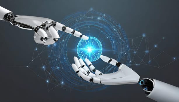 AI, Machine learning, Hands of robot and human touching on big data network connection background, Science and artificial intelligence technology, innovation and futuristic.