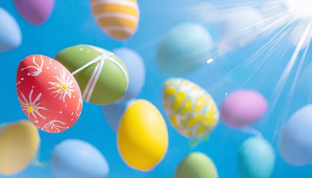 eggs on a background, Banner with colored Easter eggs flying in the air on blue background