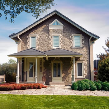 The front view of a newly built home is enhanced by a picturesque surrounding of vibrant green grass and a clear blue sky at sunrise. This appealing exterior beckons potential buyers or renters
