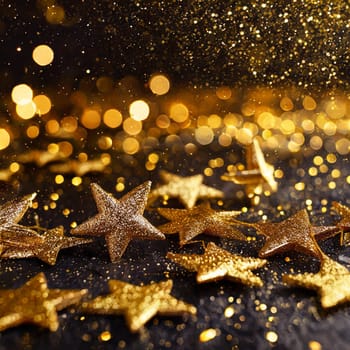 Abstract festive dark background with gold stars and glitter New year birthday holidays celebration
