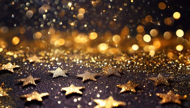 Abstract festive dark background with gold stars and glitter New year birthday holidays celebration