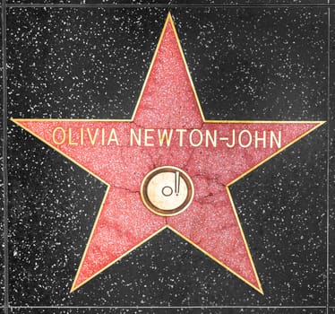 Los Angeles, USA - March 5, 2019: closeup of Star on the Hollywood Walk of Fame for Olivia Newton-John.