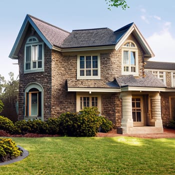The front view of a newly built home is enhanced by a picturesque surrounding of vibrant green grass and a clear blue sky at sunrise. This appealing exterior beckons potential buyers or renters