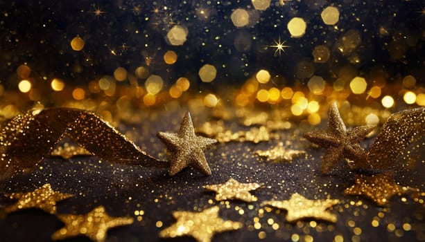Abstract festive dark background with gold stars and glitter New year birthday holidays celebration