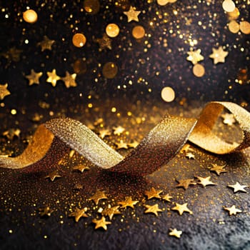 Abstract festive dark background with gold stars and glitter New year birthday holidays celebration