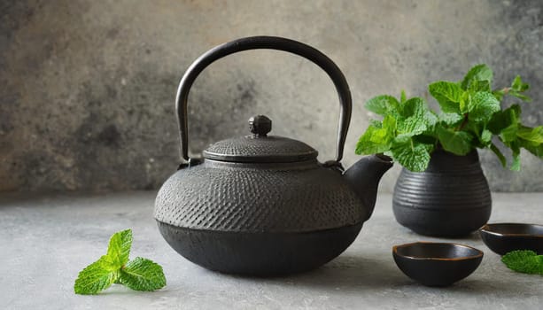Black iron Asian teapot with sprigs of mint for tea