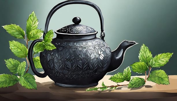 Black iron Asian teapot with sprigs of mint for tea