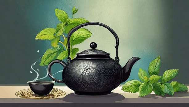 Black iron Asian teapot with sprigs of mint for tea