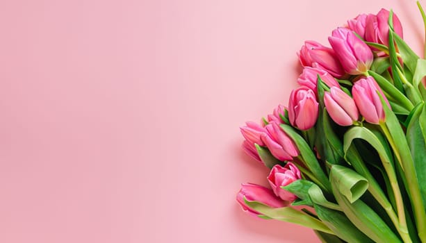 tulips bouquet on pink background with copyspace