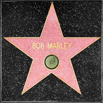 Los Angeles, USA - March 5, 2019:  closeup of Star on the Hollywood Walk of Fame for Bob Marley.