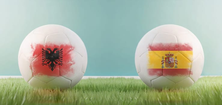 Albania vs Spain football match infographic template for Euro 2024 matchday scoreline announcement. Two soccer balls with country flags placed against each other on the green grass with copy space