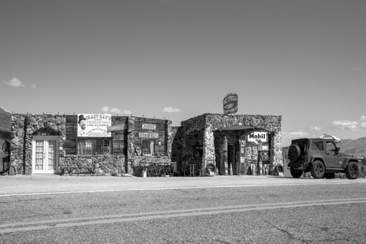 Golden Valley, USA - March 7, 2019: old historic petrol station at Route 66 lunder clear blue sky in Golden valley.