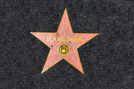 Los Angeles, USA - March 5, 2019:  Close up of President Donald Trump's recently repaired star on the Hollywood Walk of Fame on Hollywood Boulevard, which has been vandalized several times..