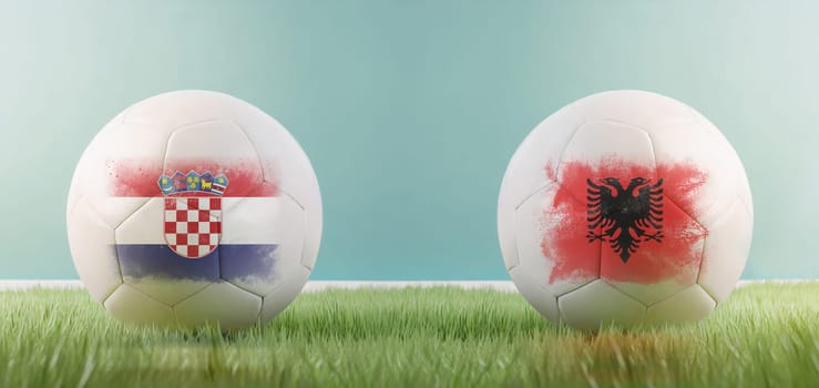 Croatia vs Albania football match infographic template for Euro 2024 matchday scoreline announcement. Two soccer balls with country flags placed against each other on the green grass with copy space