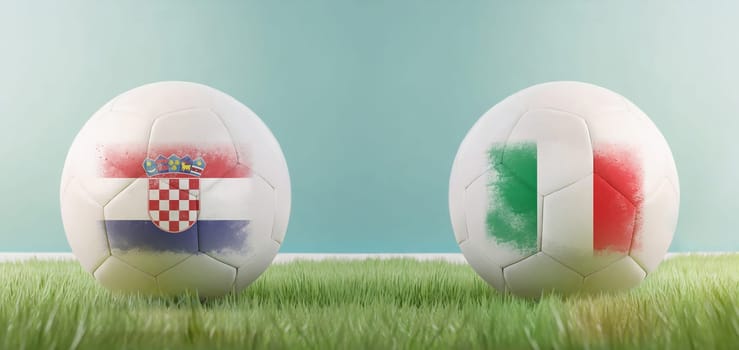Croatia vs Italy football match infographic template for Euro 2024 matchday scoreline announcement. Two soccer balls with country flags placed against each other on the green grass with copy space
